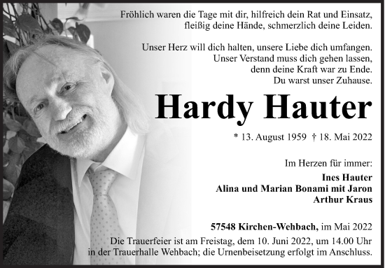 Traueranzeige von Hardy Hauter von Siegener Zeitung