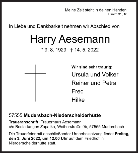 Traueranzeige von Harry Aesemann von Siegener Zeitung