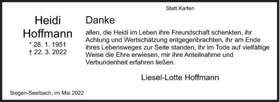 Traueranzeige von Heidi Hoffmann von Siegener Zeitung