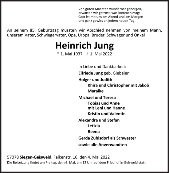 Traueranzeige von Heinrich Jung von Siegener Zeitung