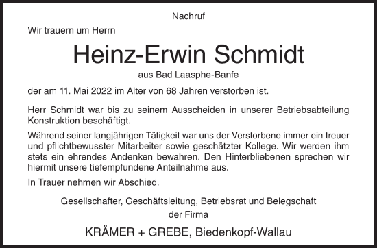 Traueranzeige von Heinz-Erwin Schmidt von Siegener Zeitung