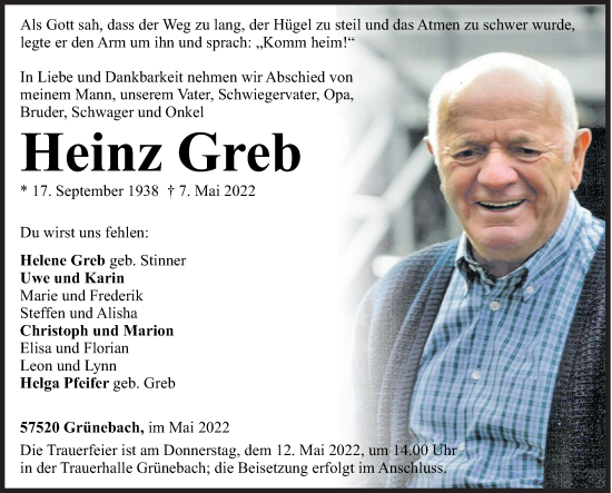 Traueranzeige von Heinz Greb von Siegener Zeitung