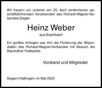 Traueranzeige von Heinz Weber von Siegener Zeitung