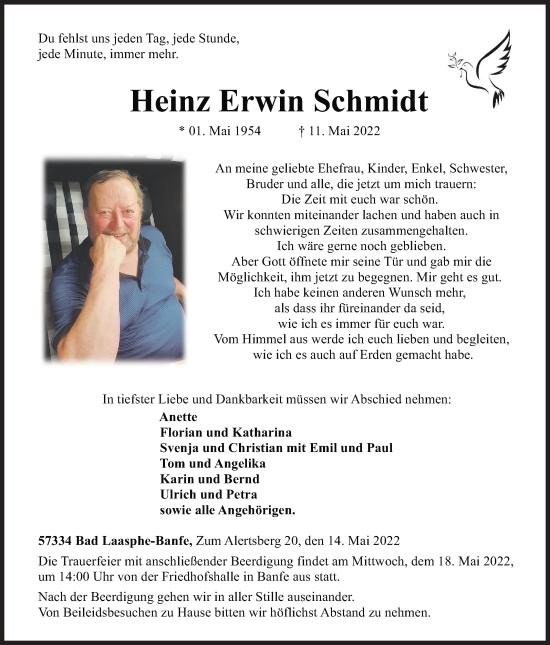 Traueranzeige von Heinz Erwin Schmidt von Siegener Zeitung
