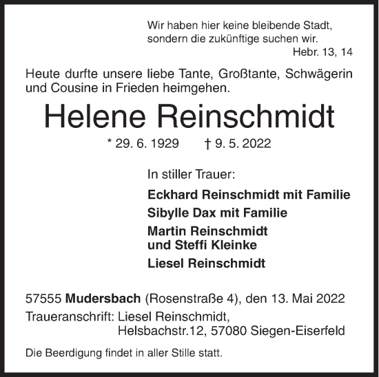 Traueranzeige von Helene Reinschmidt von Siegener Zeitung