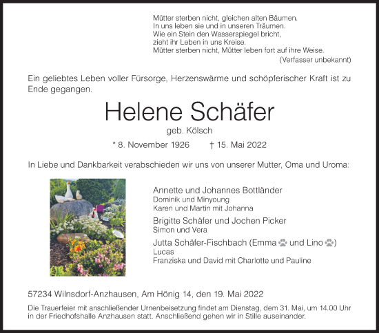 Traueranzeige von Helene Schäfer von Siegener Zeitung
