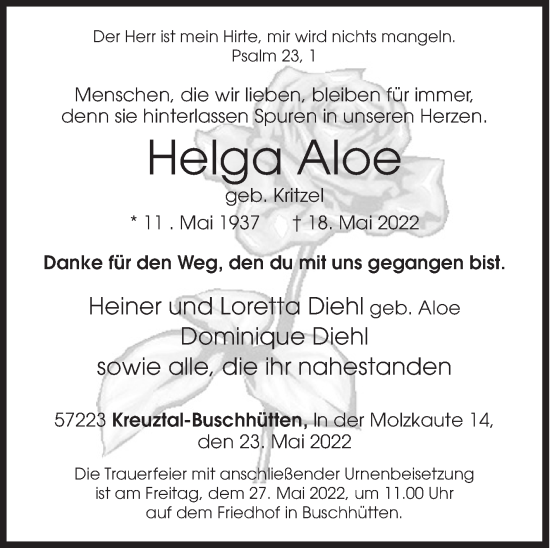 Traueranzeige von Helga Aloe von Siegener Zeitung