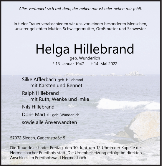 Traueranzeige von Helga Hillebrand von Siegener Zeitung