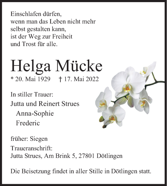 Traueranzeige von Helga Mücke von Siegener Zeitung