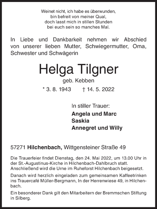 Traueranzeige von Helga Tilgner von Siegener Zeitung