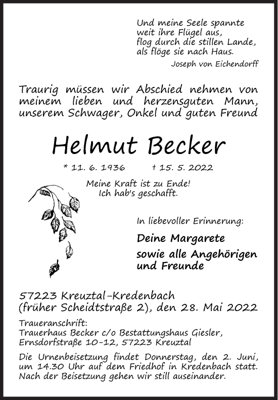 Traueranzeige von Helmut Becker von Siegener Zeitung