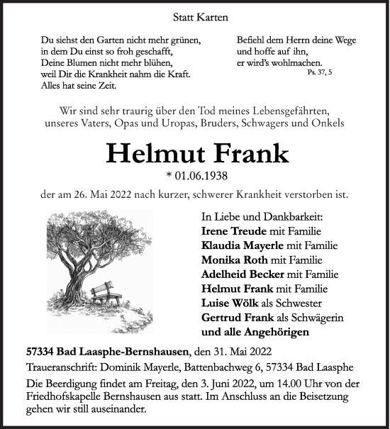 Traueranzeige von Helmut Frank von Siegener Zeitung