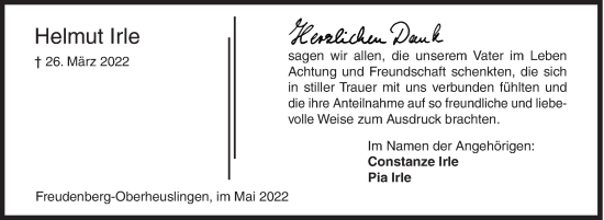 Traueranzeige von Helmut Irle von Siegener Zeitung