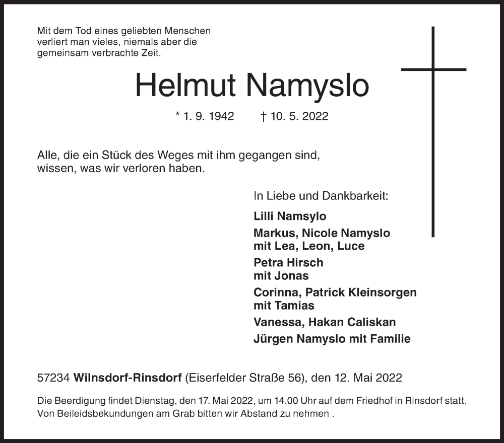  Traueranzeige für Helmut Namyslo vom 12.05.2022 aus Siegener Zeitung