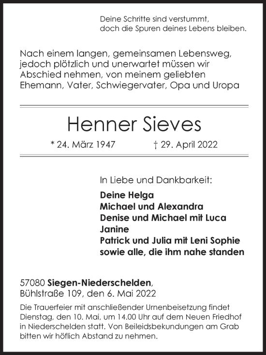 Traueranzeige von Henner Sieves von Siegener Zeitung
