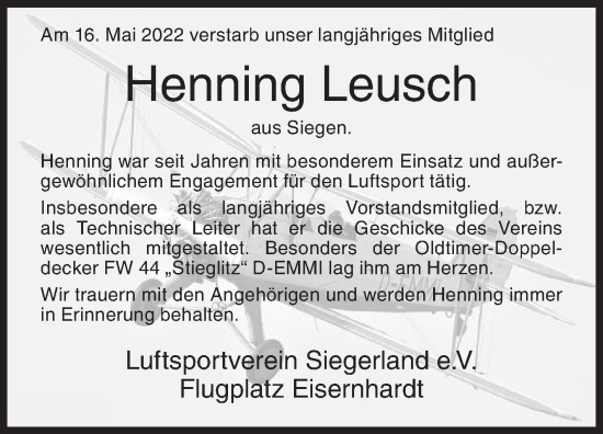 Traueranzeige von Henning Leusch von Siegener Zeitung