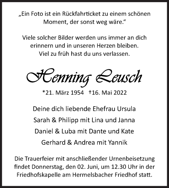 Traueranzeige von Henning Leusch von Siegener Zeitung