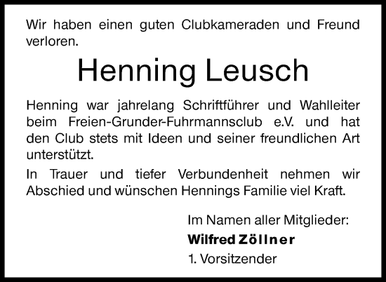 Traueranzeige von Henning Leusch von Siegener Zeitung