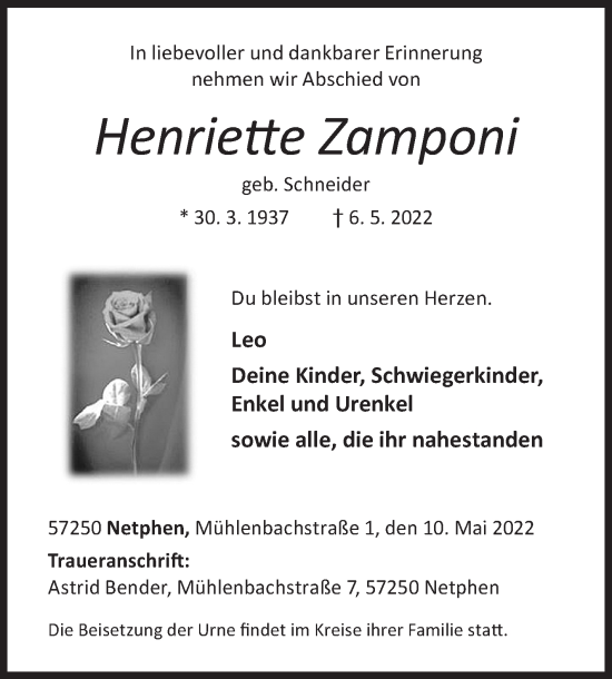 Traueranzeige von Henriette Zamponi von Siegener Zeitung