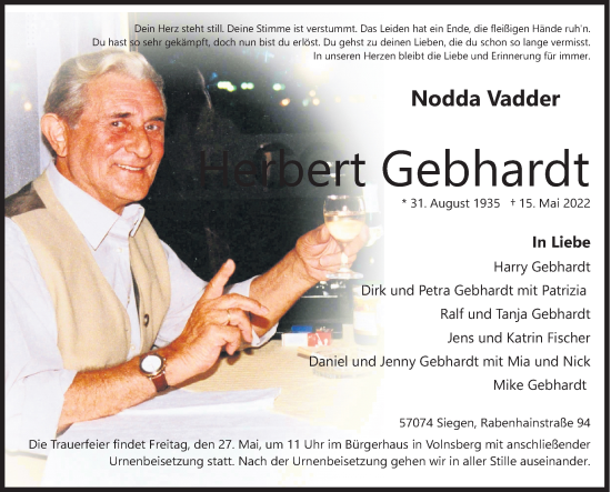 Traueranzeige von Herbert Gebhardt von Siegener Zeitung