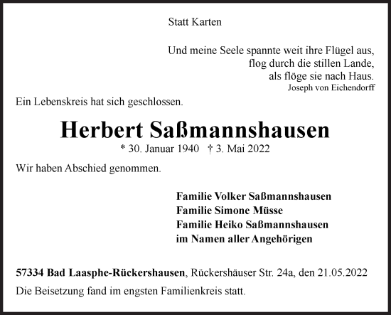 Traueranzeige von Herbert Saßmannshausen von Siegener Zeitung