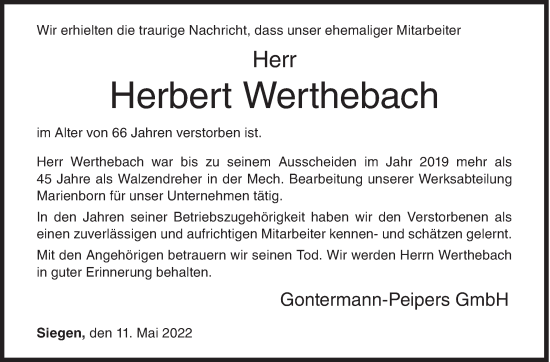 Traueranzeige von Herbert Werthebach von Siegener Zeitung
