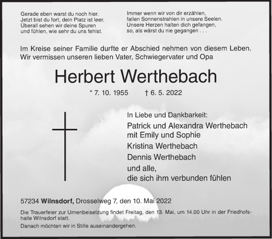 Traueranzeige von Herbert Werthebach von Siegener Zeitung