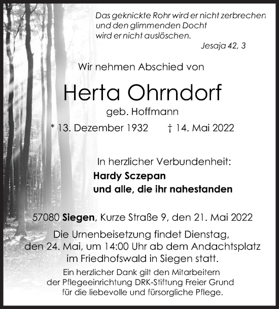 Traueranzeige von Herta Ohrndorf von Siegener Zeitung
