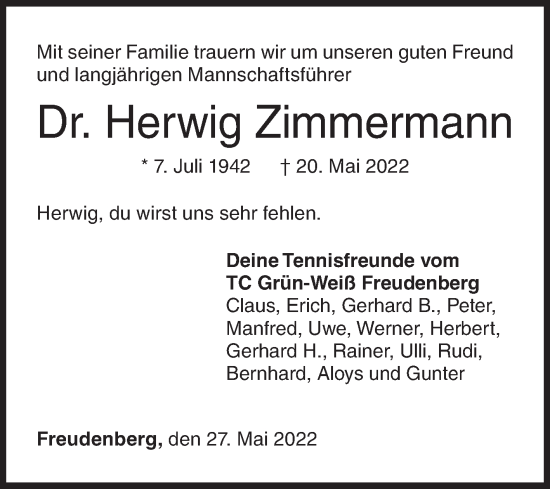Traueranzeige von Herwig Zimmermann von Siegener Zeitung