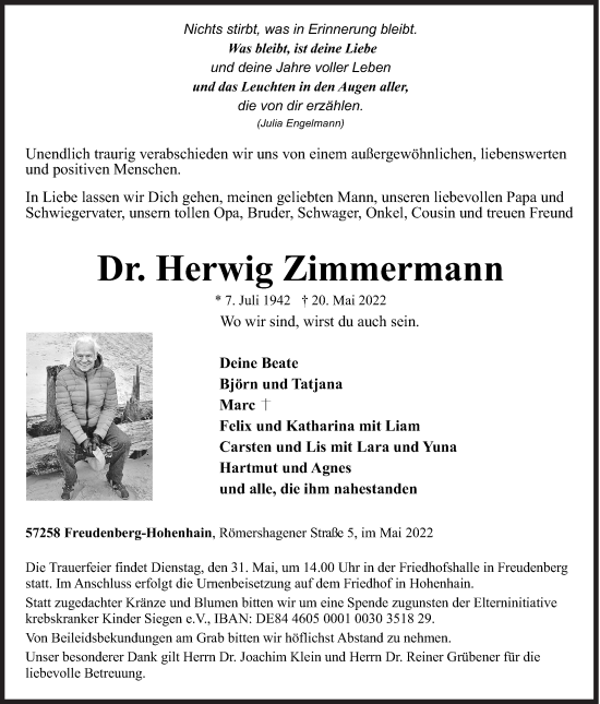 Traueranzeige von Herwig Zimmermann von Siegener Zeitung
