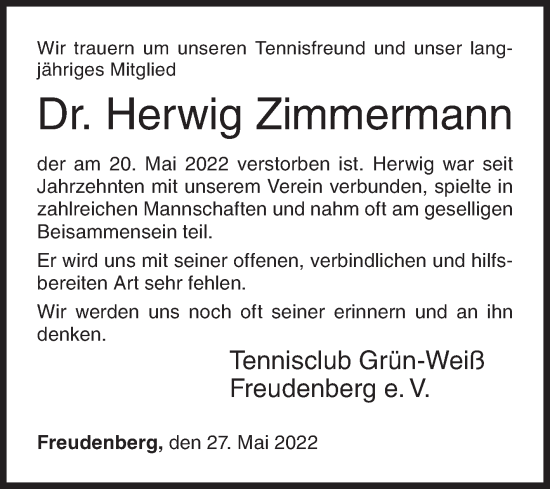 Traueranzeige von Herwig Zimmermann von Siegener Zeitung