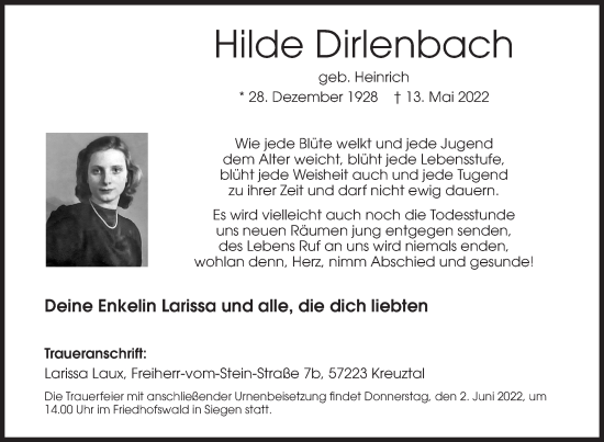 Traueranzeige von Hilde Dirlenbach von Siegener Zeitung