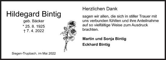 Traueranzeige von Hildegard Bintig von Siegener Zeitung