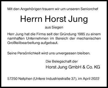 Traueranzeige von Horst Jung von Siegener Zeitung