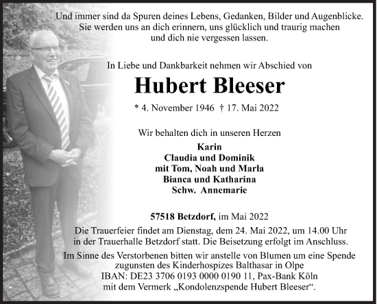 Traueranzeige von Hubert Bleeser von Siegener Zeitung