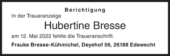 Traueranzeige von Hubertine Bresse von Siegener Zeitung
