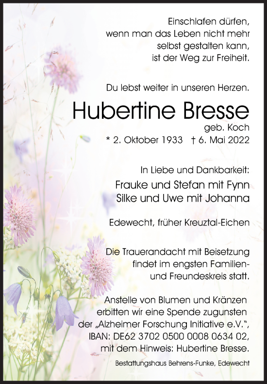 Traueranzeige von Hubertine Bresse von Siegener Zeitung