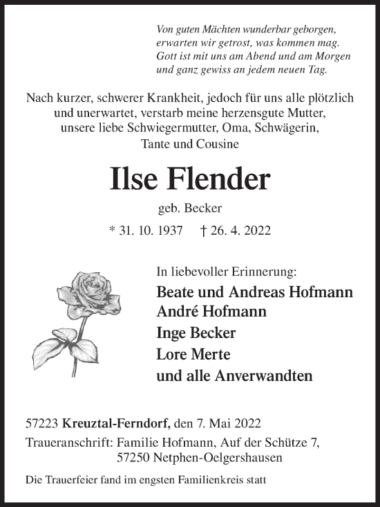 Traueranzeige von Ilse Flender von Siegener Zeitung