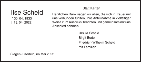 Traueranzeige von Ilse Scheld von Siegener Zeitung