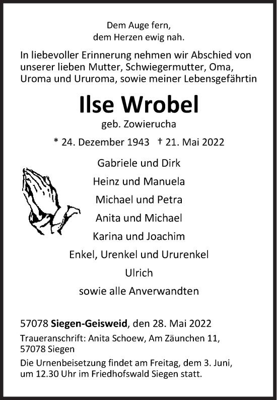Traueranzeige von Ilse Wrobel von Siegener Zeitung