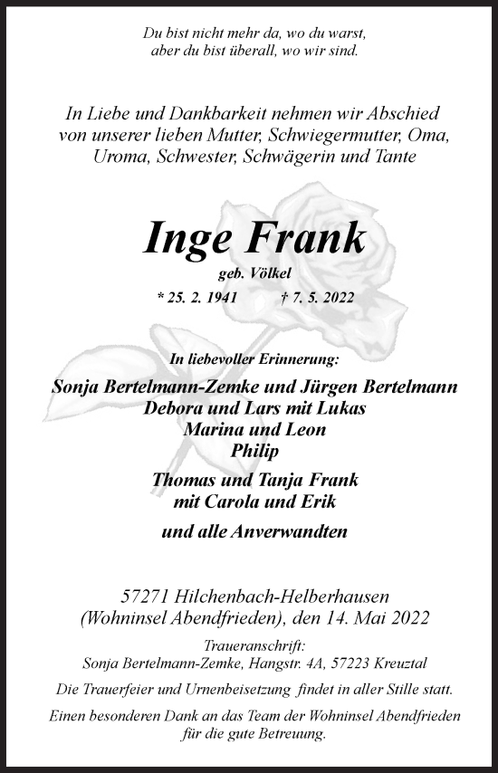 Traueranzeige von Inge Frank von Siegener Zeitung