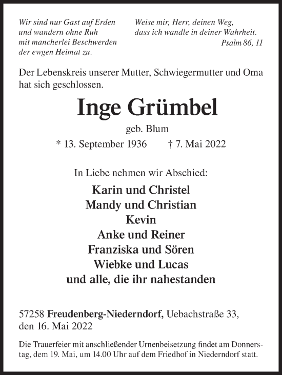 Traueranzeige von Inge Grümbel von Siegener Zeitung