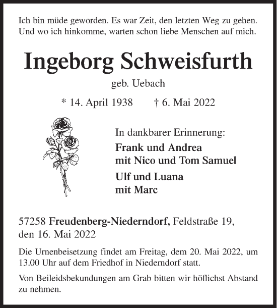 Traueranzeige von Ingeborg Schweisfurth von Siegener Zeitung