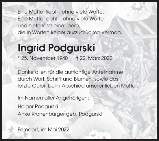 Traueranzeige von Ingrid Podgurski von Siegener Zeitung