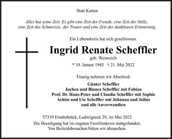 Traueranzeige von Ingrid Renate Scheffler von Siegener Zeitung