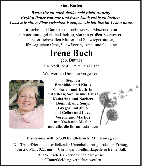 Traueranzeige von Irene Buch von Siegener Zeitung