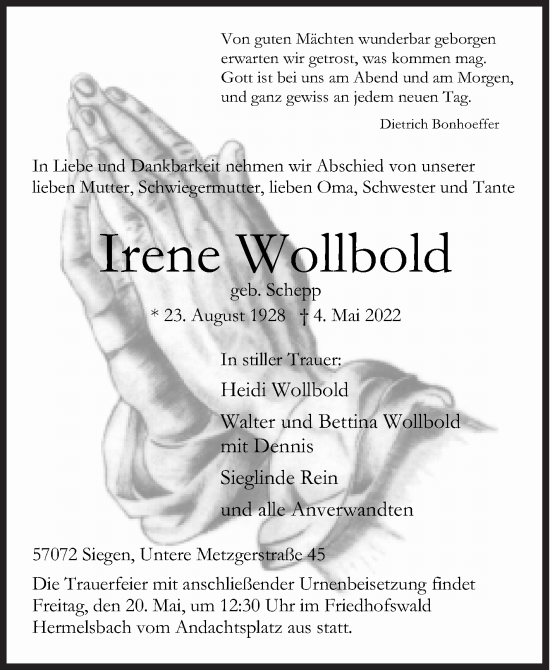 Traueranzeige von Irene Wollbold von Siegener Zeitung