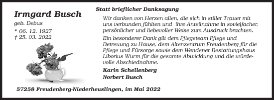 Traueranzeige von Irmgard Busch von Siegener Zeitung