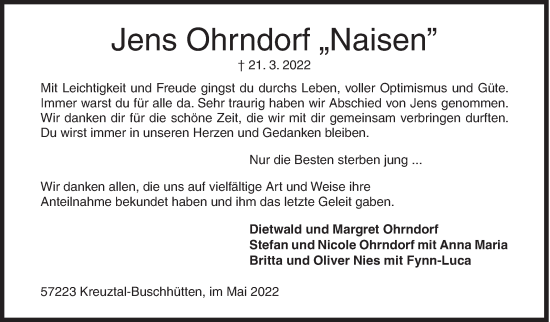 Traueranzeige von Jens Ohrndorf von Siegener Zeitung