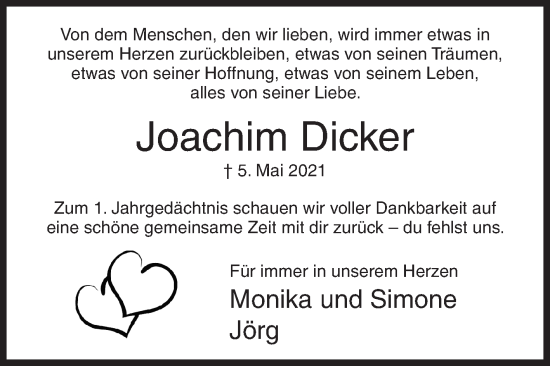 Traueranzeige von Joachim Dicker von Siegener Zeitung